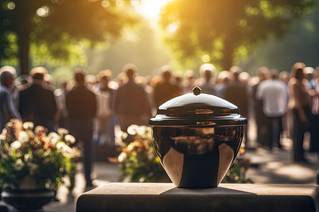 Imagem ilustra o texto 11 curiosidades sobre cremação. Triste momento no funeral, com pessoas enlutadas se despedindo e prestando a última homenagem à pessoa na urna.