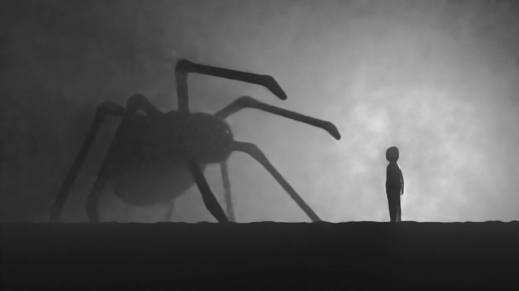 imagem ilustra texto sobre medo da morte. imagem em preto e branco tem uma criança encarando uma aranha gigante.